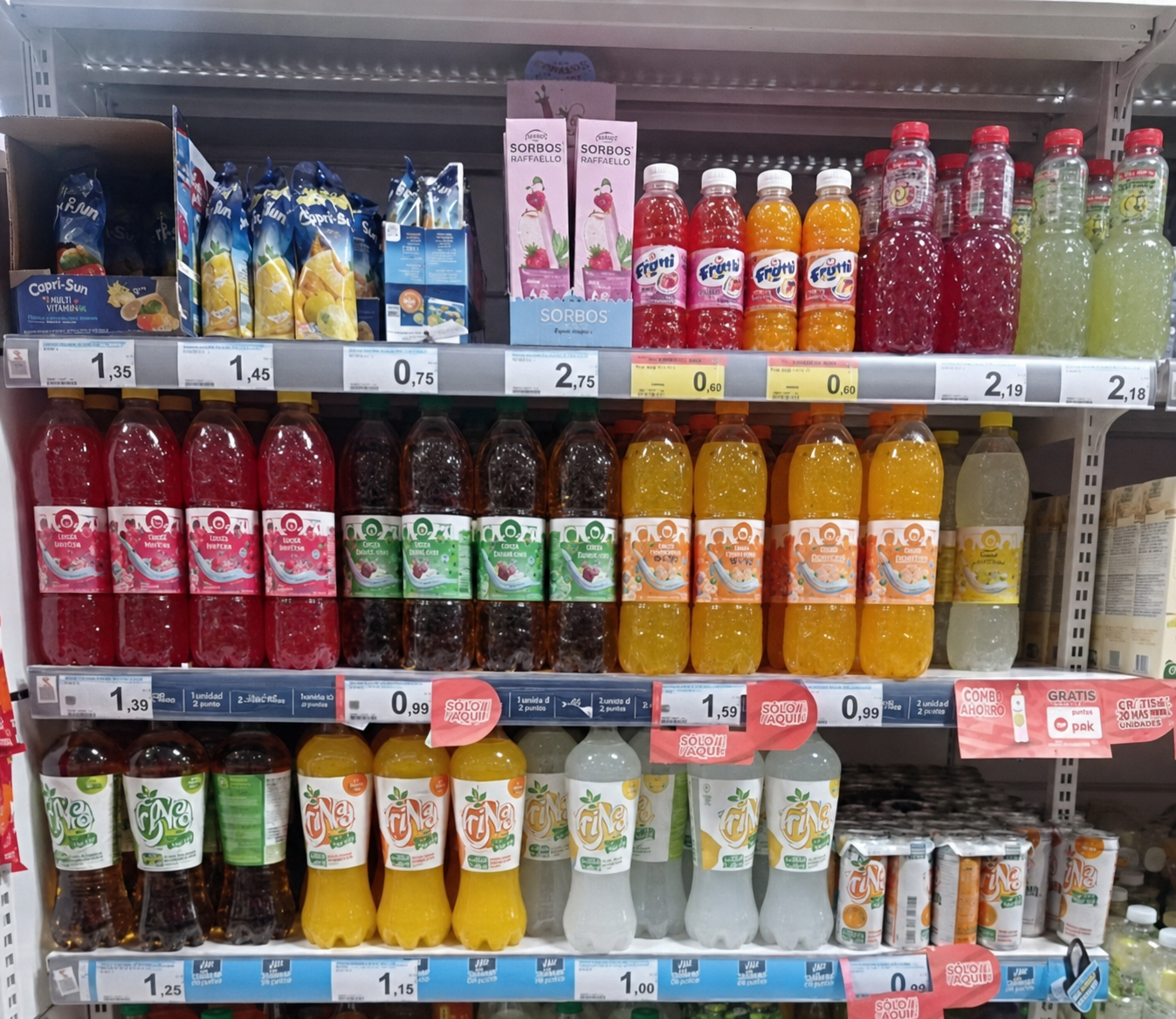 SORBOS expuesto en un lineal de bebidas de supermercado